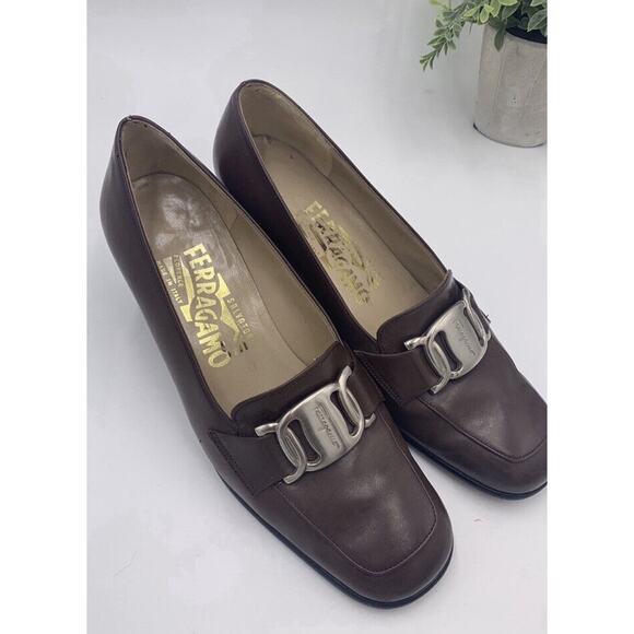 Salvatore Ferragamo Womens Brown Chunky Block DQ 66986 Sz 4 Silver Accent Heels - Picture 6 of 10
